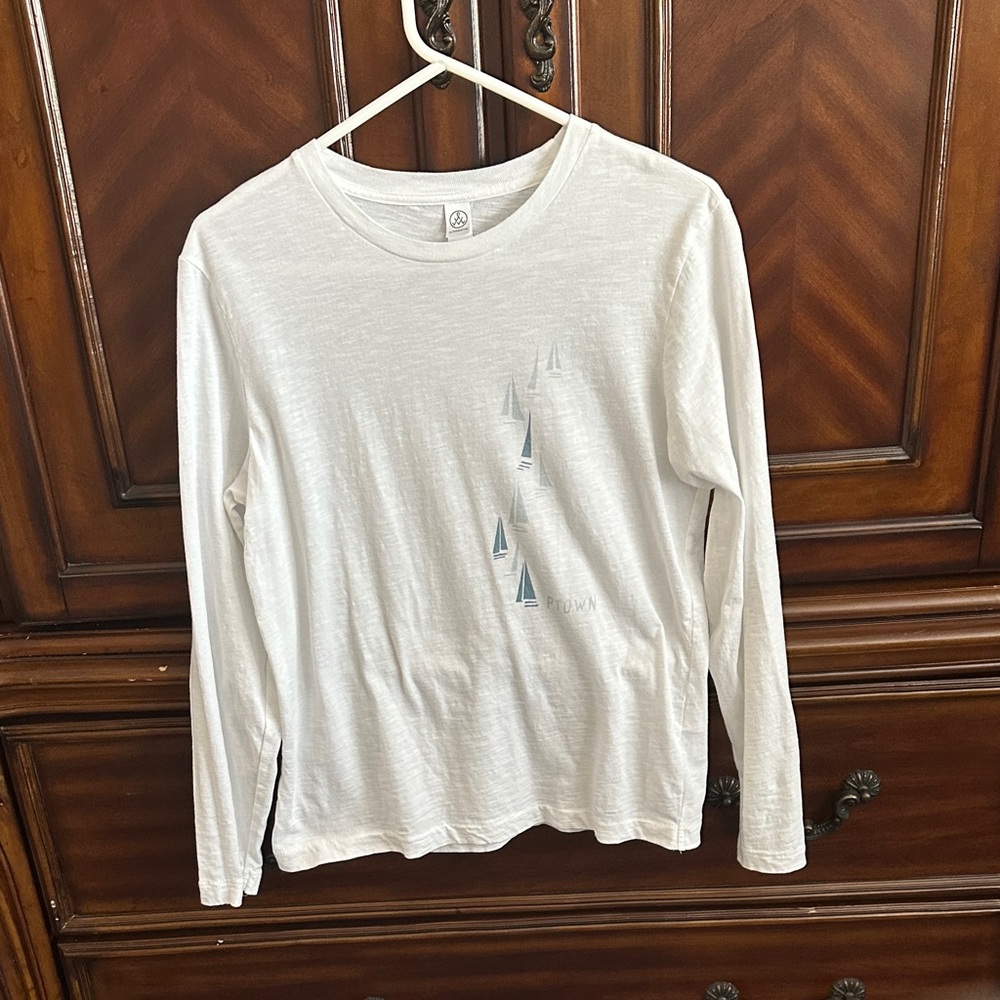 White Long Sleeve Tee with Subtle Sailboat Motif